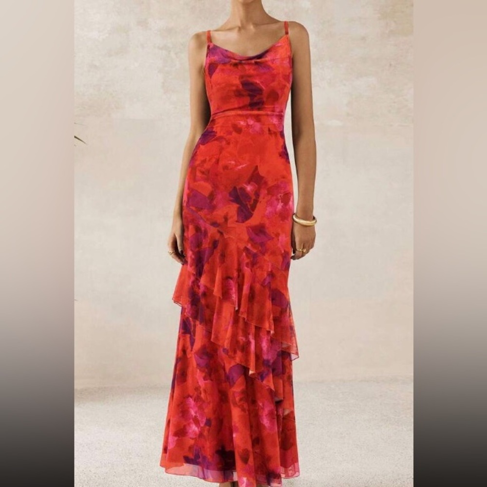 Sleeveless Red Floral Ruffled Maxi Dress